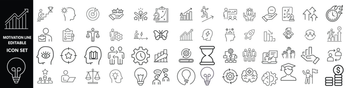 Motivation line editable icon set. Containing personal growth, goal setting, perseverance, achievement, teamwork, passion, thumbs up, and more. Vector illustration