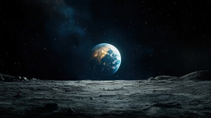 A breathtaking view of Earth shining brightly from the surface of the moon, illustrating humanity's connection to our planet and the vastness of space.
