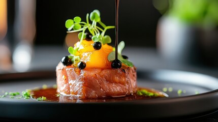 This gourmet dish showcases an artistic presentation, featuring a delicate composition of ingredients that highlight culinary creativity and elevate dining to an art form.