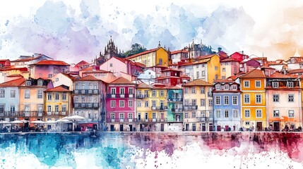 Charming Watercolor of Coastal European Town with Colorful Houses
