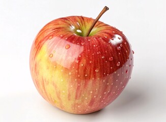 Fresh Red Apple with Water Droplets on Glossy Skin and Stem on Clean White Background