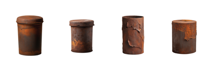 Rusty vintage metal cylinders with unique textures and weathered surfaces