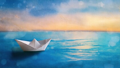 Obraz premium Paper boat floating on tranquil sea at sunrise with dreamy watercolor effect