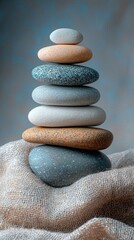 Stacked, smooth stones on soft cloth, creating a balanced, calming composition