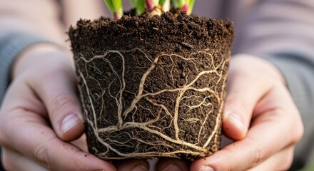close-up view of plant roots showcasing intricate network in soil held by hands. perfect for gardening enthusiasts and nature lovers exploring plant growth and care techniques