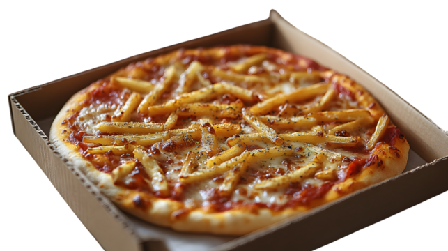 Pizza with French Fries Delicious Fast Food Melted Cheese Crispy Potatoes Topping