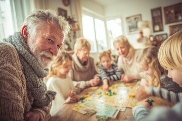 A multi-generational family enjoys playing a board game together at home, creating a warm and engaging scene with grandparents and grandchildren.