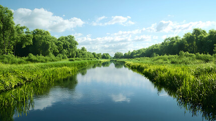 Fototapeta premium Serene River Winding Through Lush Green Forest