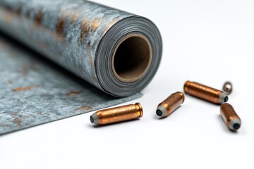 A close-up shot of a metal roll of paper, with a battery and bullet-like objects, isolated on a pure white background for artistic contrast