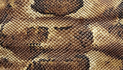 Close-up of snake skin with overlapping brown and beige scales. Applies to fashion design, wildlife documentaries, or luxury accessories. 