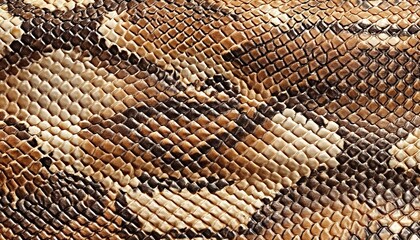 Close-up of snake skin with overlapping brown and beige scales. Applies to fashion design, wildlife documentaries, or luxury accessories. 