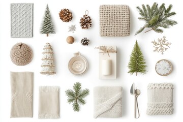 A collection of Christmas-inspired home decor items, isolated on a white background for an elegant mood board.