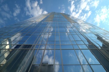 A modern glass skyscraper reflecting the sky with fluffy clouds, viewed from below, showcasing contemporary architecture and urban development in a clear, bright day.