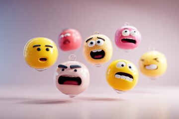 Naklejka premium A group of diverse emoji characters expressing different emotions, rendered in 3D with vibrant colors, showcasing a range of feelings from anger to surprise and fear.