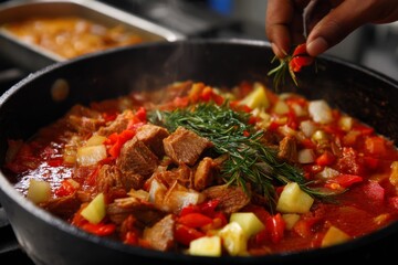 Fresh rosemary sprigs added to a delicious, simmering stew with vegetables in a pan.