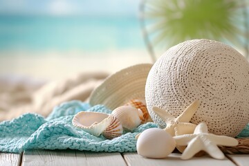 A collection of summer accessories--beach ball, seashells, and sun hats--evoking the essence of a perfect beach holiday