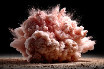 A captivating explosion of pale pink powder against a stark black background, creating a dynamic and artistic visual effect with texture and movement, particles suspended in air.