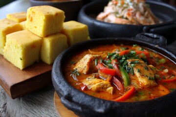 Close-up of a flavorful fish stew with cornbread and other appetizing food items displayed.