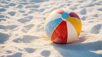 A colorful beach ball resting on a soft white sand background, isolated to evoke a carefree, sunny day.
