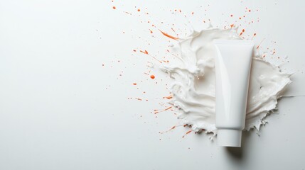 A modern white tube lies prominently atop a splash of creamy texture, creating a visually striking contrast that captures attention and evokes a sense of freshness.