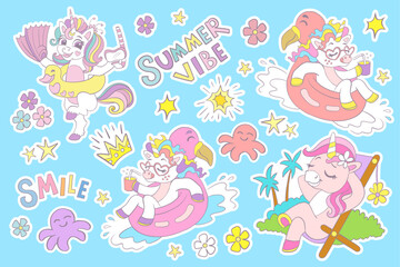 Collection of cartoon funny unicorns and magic elements isolated on a background. Vector illustration. For sticker pack, print, posters, design, decoration, linen, dishes, t-shirt and kids apparel