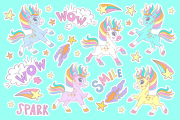 Collection of cartoon funny unicorns and magic elements isolated on a background. Vector illustration. For sticker pack, print, posters, design, decoration, linen, dishes, t-shirt and kids apparel