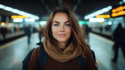 A radiant woman wearing a cozy scarf stands confidently at a bustling train station, capturing the essence of travel and anticipation with her captivating smile and eyes.