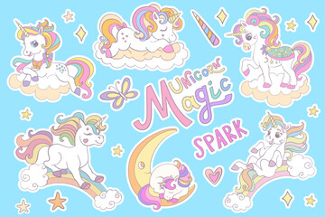 Collection of cartoon funny unicorns and magic elements isolated on a background. Vector illustration. For sticker pack, print, posters, design, decoration, linen, dishes, t-shirt and kids apparel