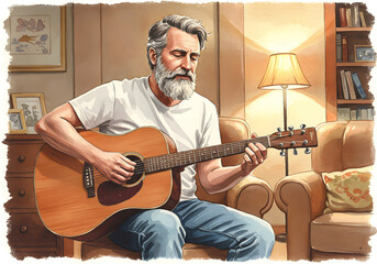 Obraz premium Elderly Man Playing Acoustic Guitar, Relaxing at Home, Creative Expression, Musical Instrument.