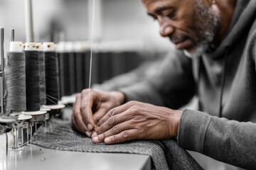 A focused tailor expertly stitches fabric pieces together using a sewing machine, demonstrating the precision and craftsmanship involved in creating quality garments.