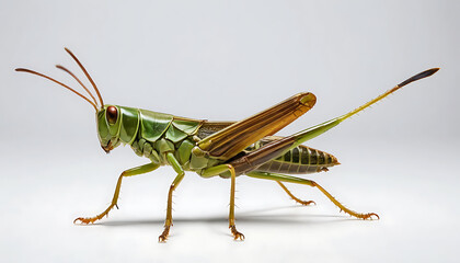 Green and Brown Grasshopper: Detailed Studio Close-Up on White Background