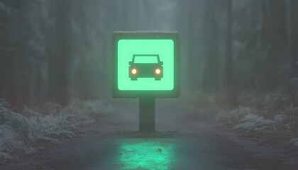 Illuminated Car Sign in Snowy Forest