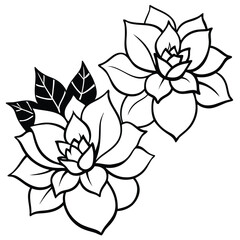 A black and white floral vector illustration in a hand-drawn style. The design should feature two large, natural-looking flowers with five rounded petals each, slightly overlapping.