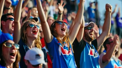 Enthusiastic crowd cheering at stadium event, arms raised high