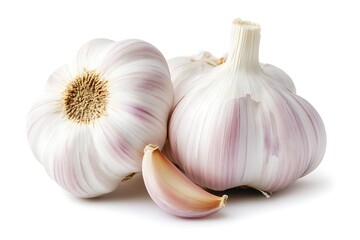 A few cloves of garlic, isolated on a white background, emphasizing their fresh and pungent appeal