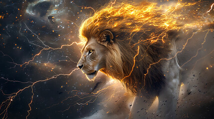 Naklejka premium A lion with a mane of fire on its head. Generated using AI.