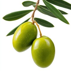 Two green olives with leaves isolated on a white background.