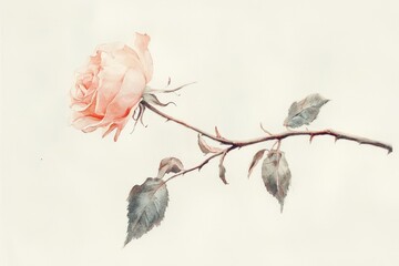 Delicate watercolor depiction of a single pink rose stem.