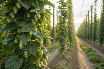 Close-up shot of a field of hops planted in rows