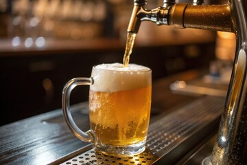 A mug into which beer is poured with foam from the tap