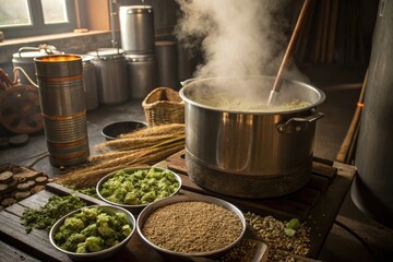 Brewing beer in a pot in front of a table with hops and yeast in the background