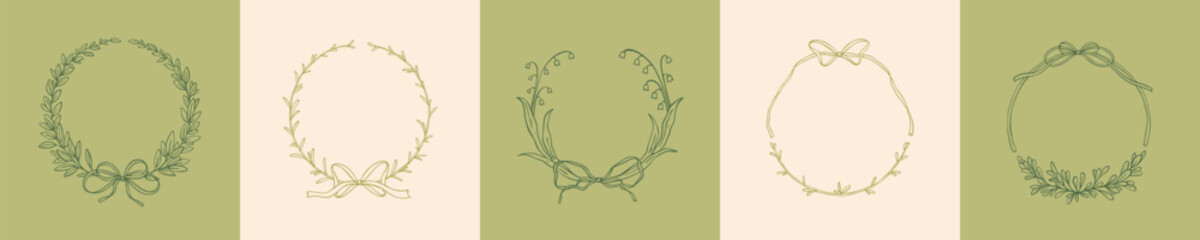Set of hand drawn floral frames for eco products, wine labels, wedding invitations. Green laurel wreaths. Vintage sketch vector illustration. Victorian style aesthetic filigree feminine background