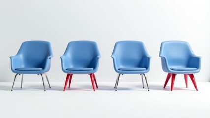Obraz premium Four modern blue chairs with alternating red and chrome legs on white background.