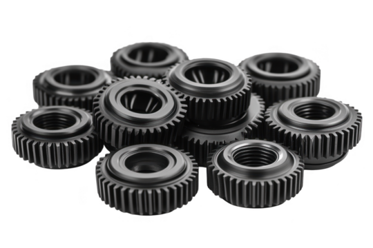 Close up of Black Metal Gears  isolated on transparent background - Powered by Adobe