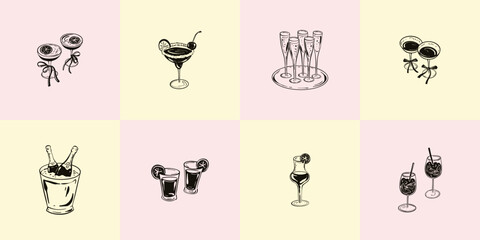 Summer bar doodle hand drawn elements. Alcohol cold drinks, champagne bottle and tray with sparkling wine glasses, martini, aperol sprits. Coquette style sketch handwriting vector illustration