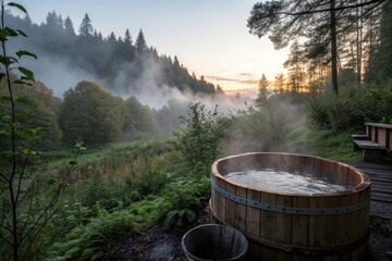 Wooden vat with steam coming out of it against a sunset background with a misty forest