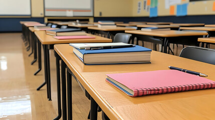 Empty Classroom Desks With School Supplies