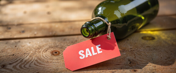 Wine bottle with sale tag on wooden surface  