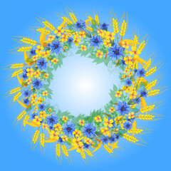 A bright and colorful vector illustration of a traditional Ukrainian wreath made of  blue cornflowers, and golden wheat spikes. Symbolizing peace, heritage, and the beauty of the Ukrainian countryside