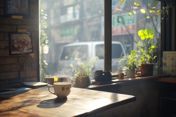 Warm sunlit table in small Asian café, hot drink steaming in ceramic cup, urban street outside, potted plants on windowsill, nostalgic morning vibe.